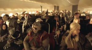a group of people in clothing on an airplane