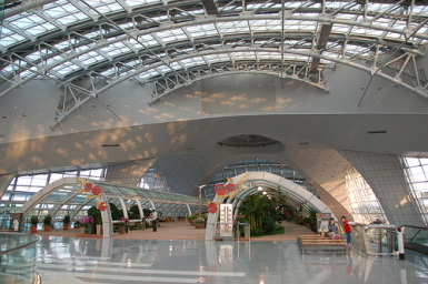 a large glass ceiling with a large arch