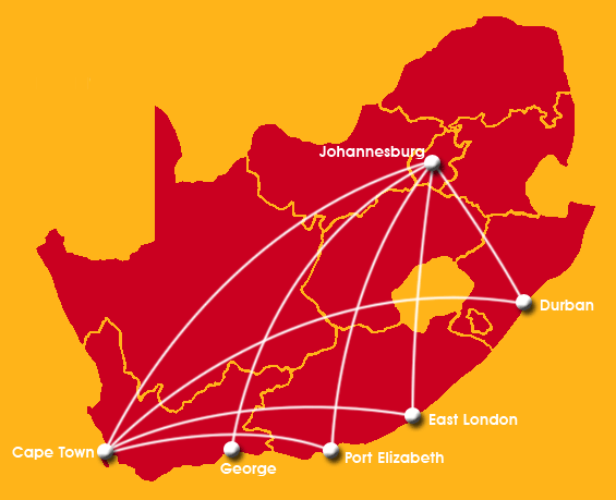 a map of south africa with white lines and points