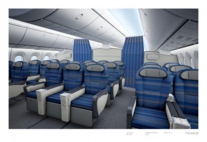 a plane with blue and white seats