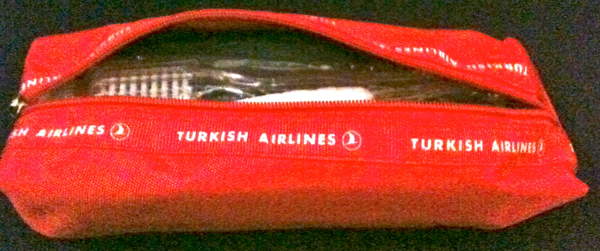 a red bag with white text