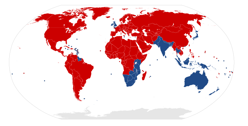 a map of the world with red and blue countries/regions