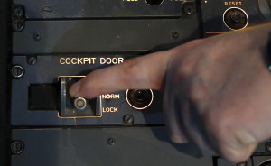 A picture inside a flight simulator shows the door locking system of an Airbus A320 in Vienna