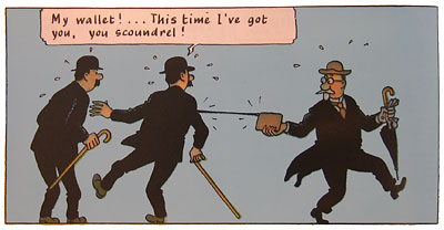 cartoon of two men in suits pulling a sword