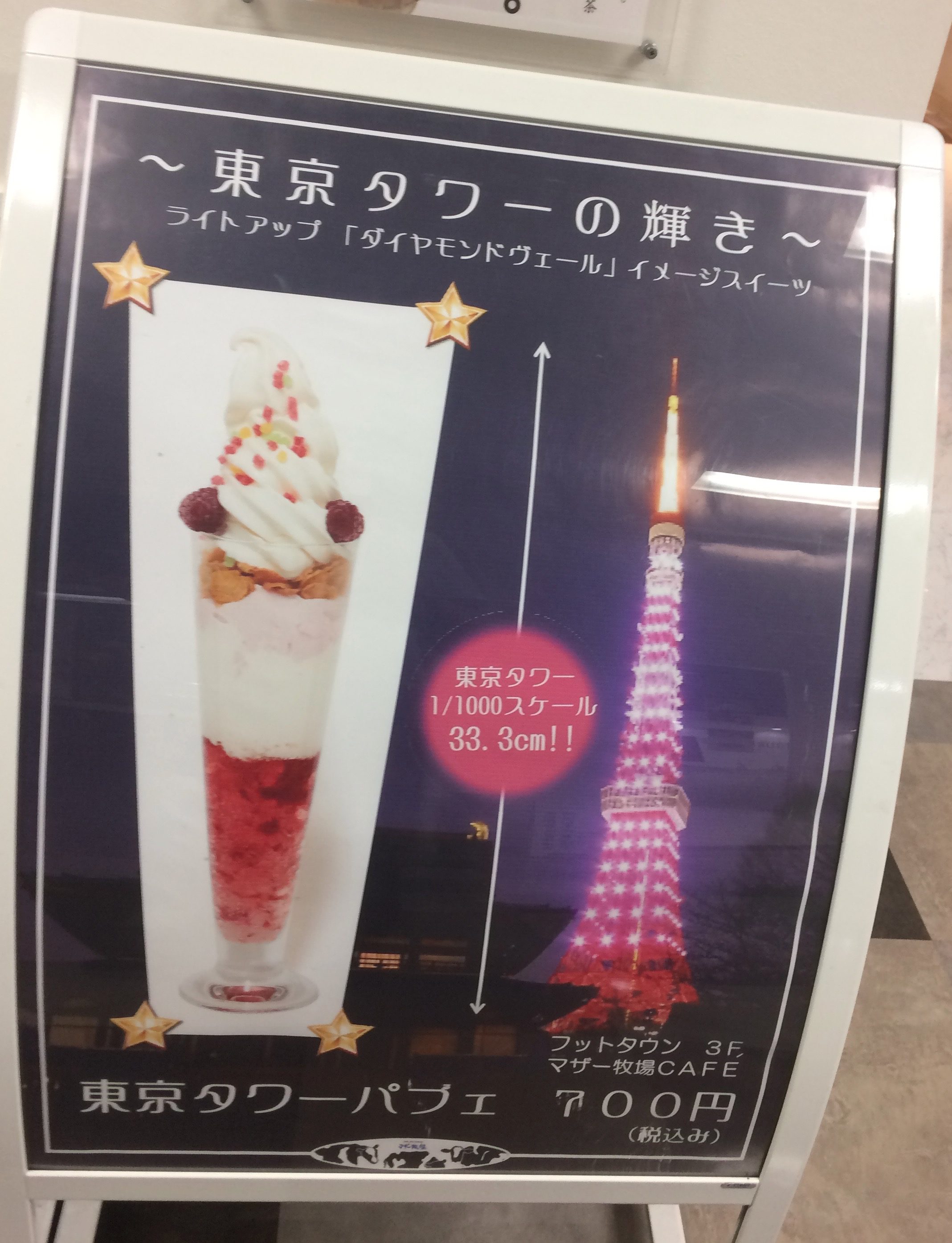 a poster of a tall glass with a tall tower and a red and white ice cream sundae