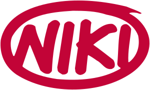 a red logo with black background