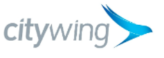 a logo with blue wings