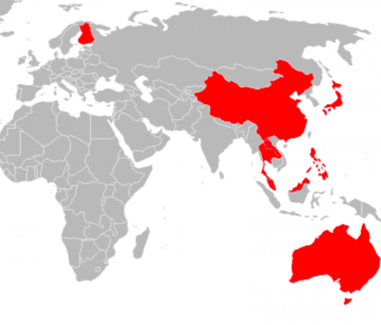 a map of the world with red countries/regions