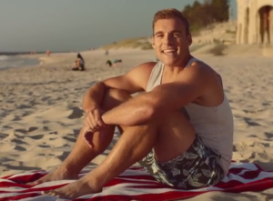 a man sitting on a towel on a beach