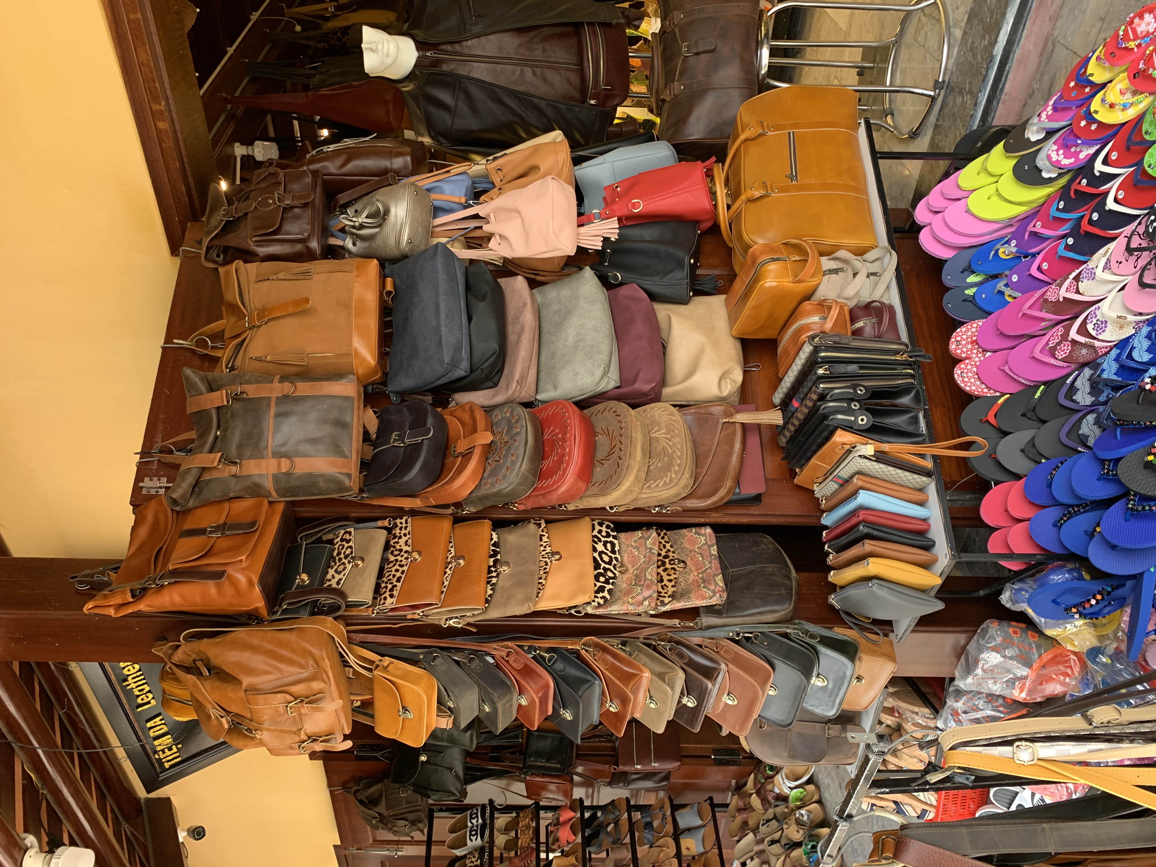 a display of bags and shoes