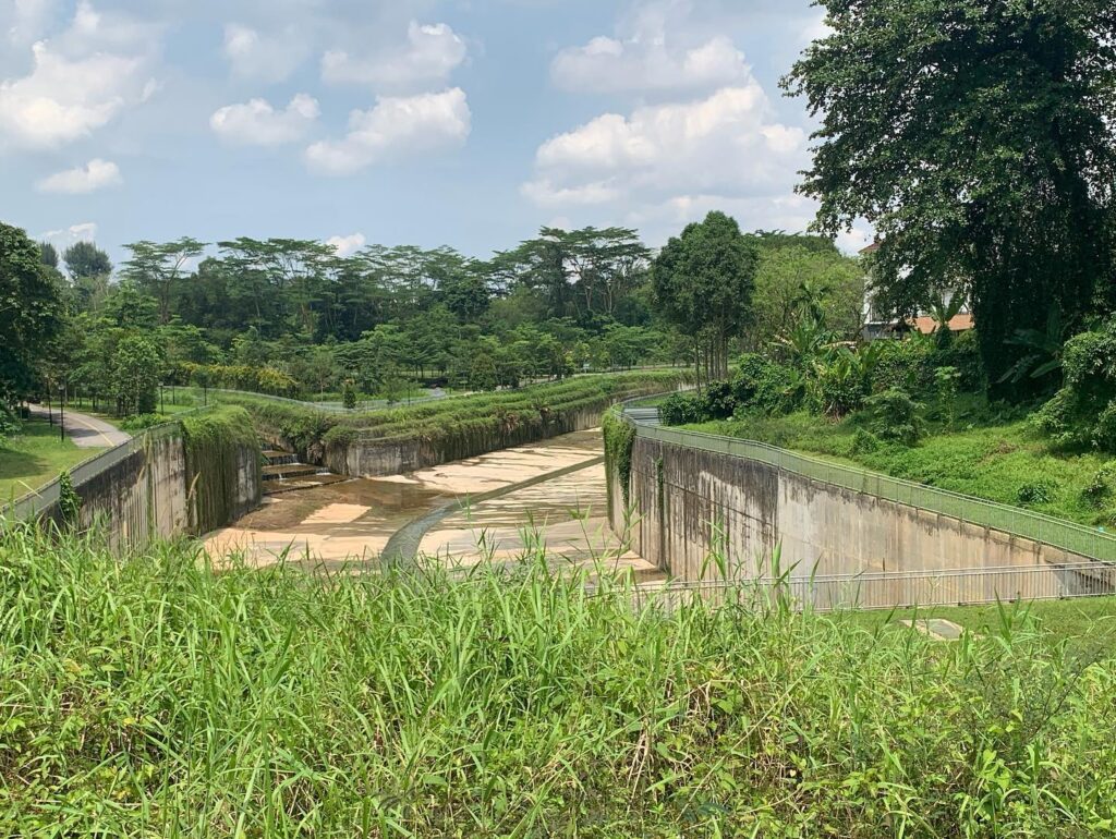 a concrete wall with a fence and trees