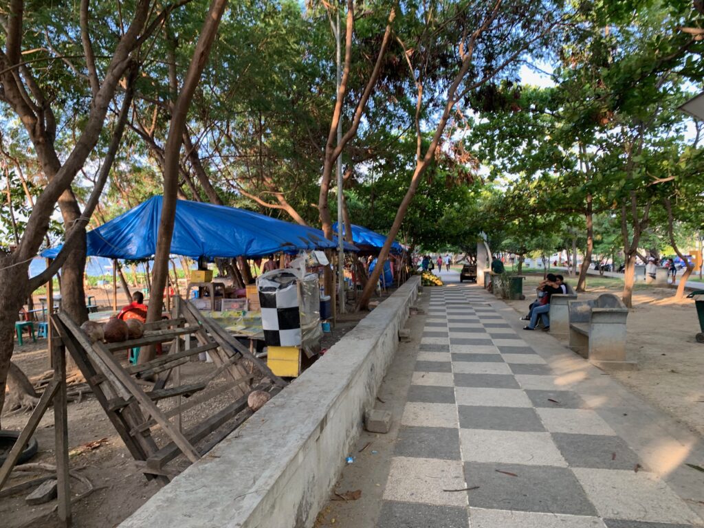 a park with a checkered walkway and people sitting on benches