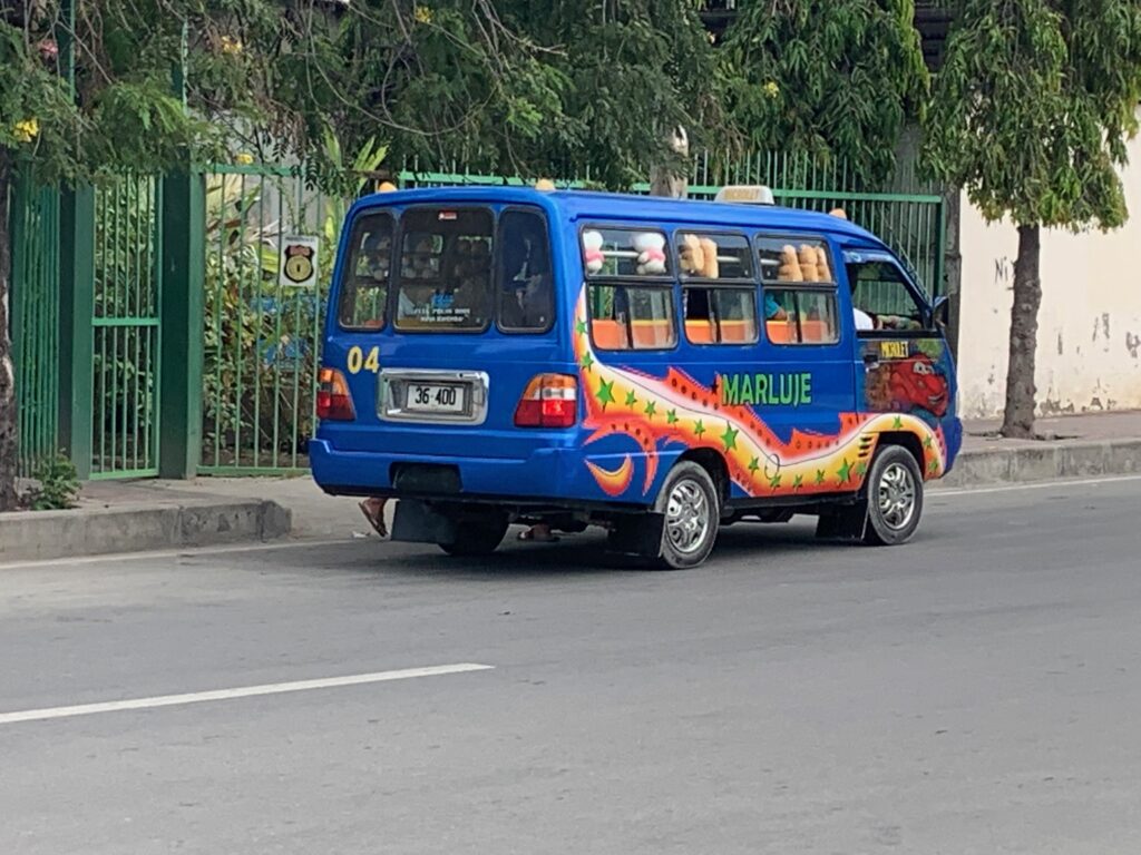 a blue van with a dragon design on the side of the road