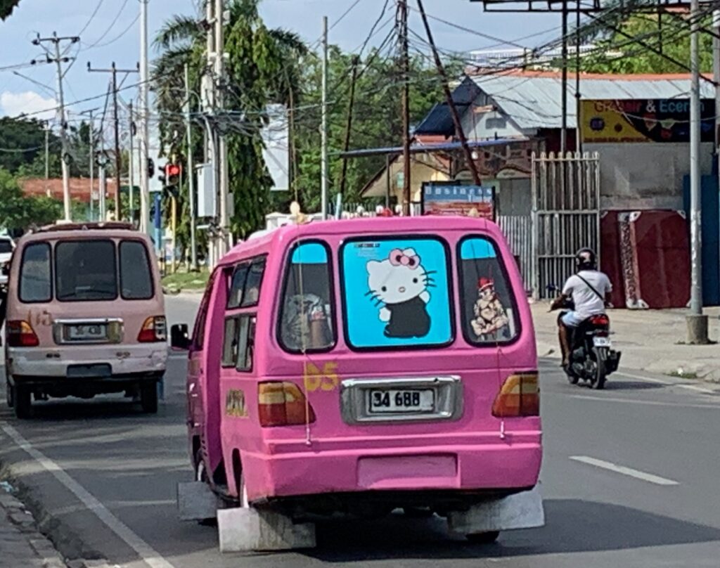 a pink van on the road