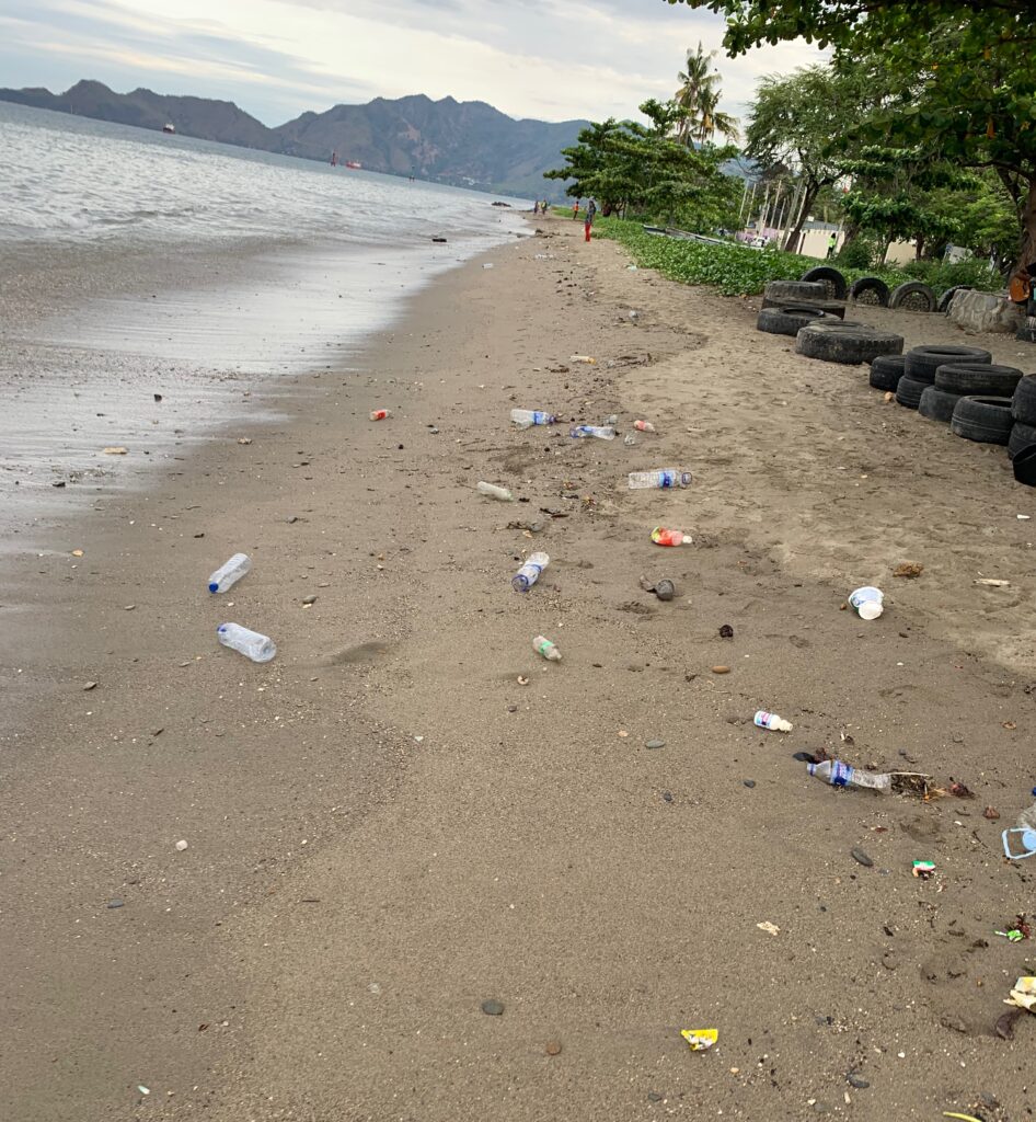a beach with plastic bottles and water