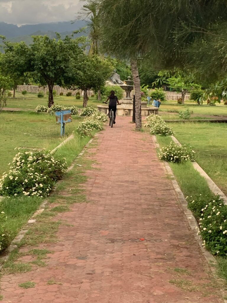 a person riding a bicycle on a path