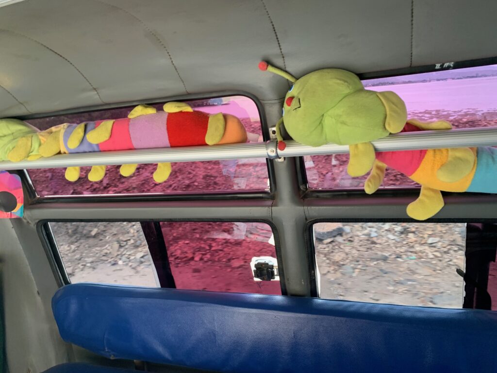 stuffed toys on the window of a vehicle