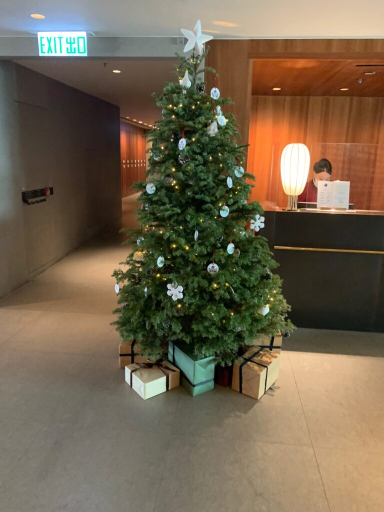 a christmas tree with presents in a hallway