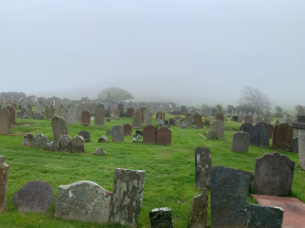 a cemetery with many headstones in a grassy field