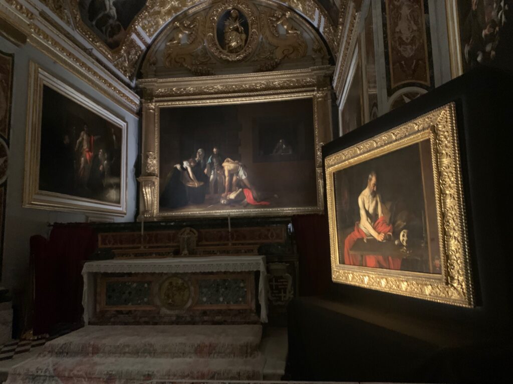 a painting on display in a room