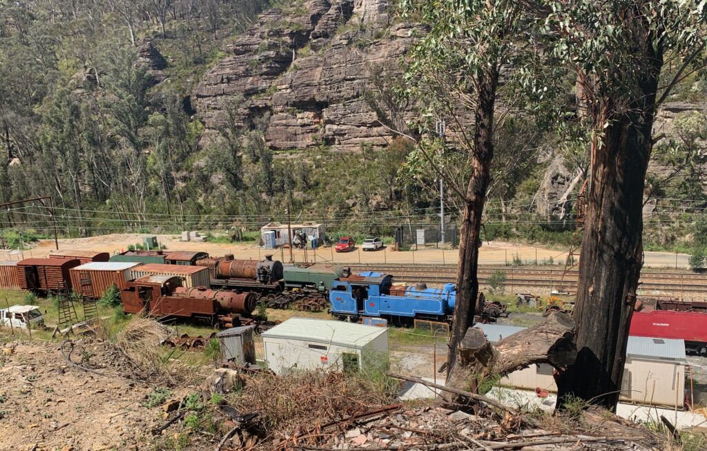 a train yard with a tree and rocks in the background
