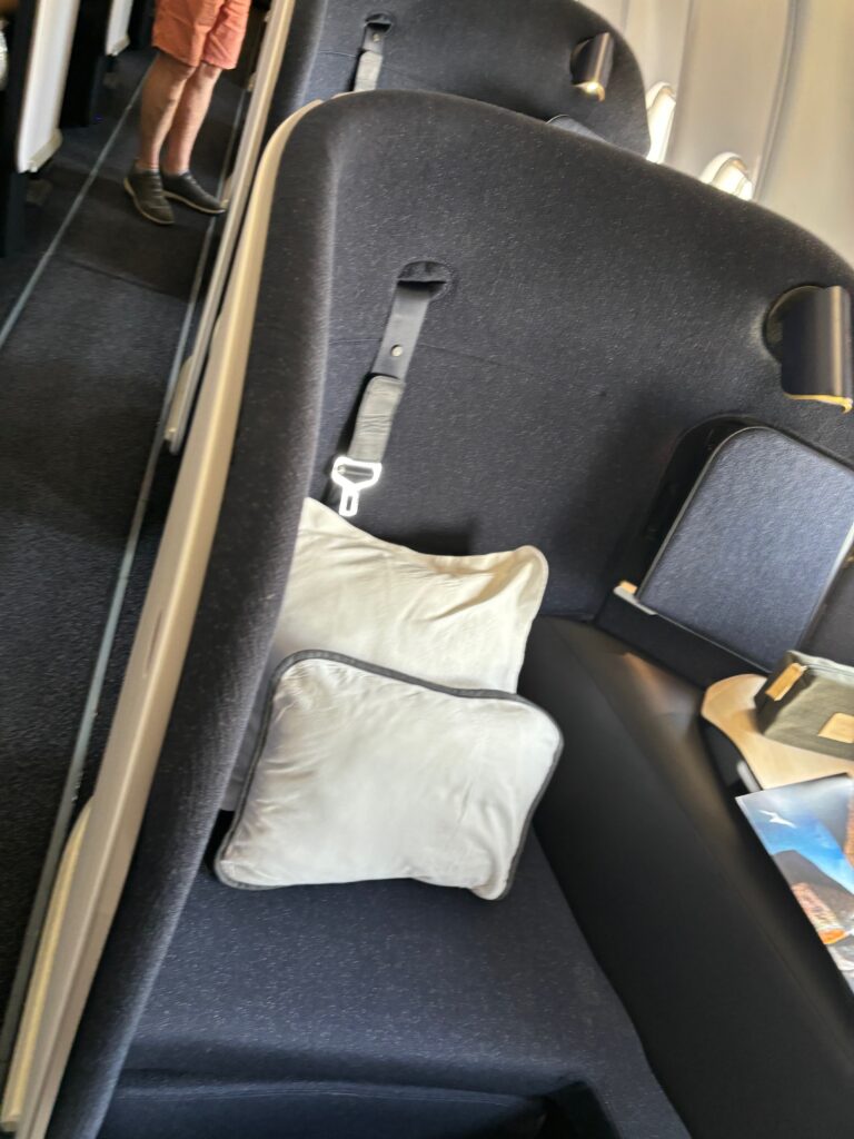 a seat with a seat belt and pillow
