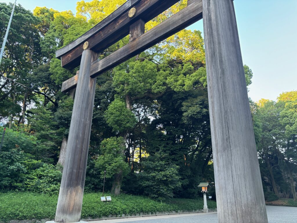 a wooden arch with trees in the background