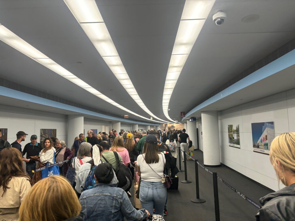 a group of people in a hallway