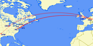 a map of the world with a red line