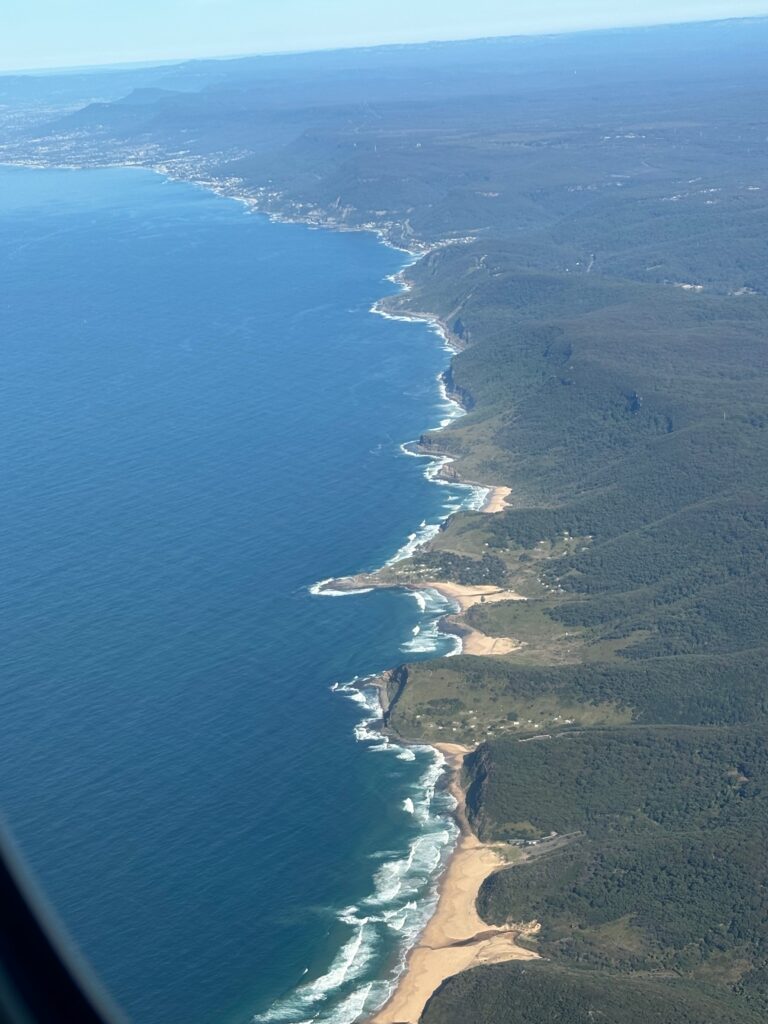 aerial view of a beach and ocean from an airplane