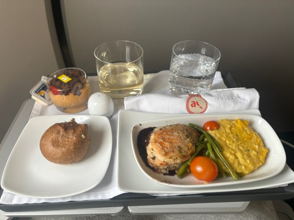 a tray with food and drinks on it