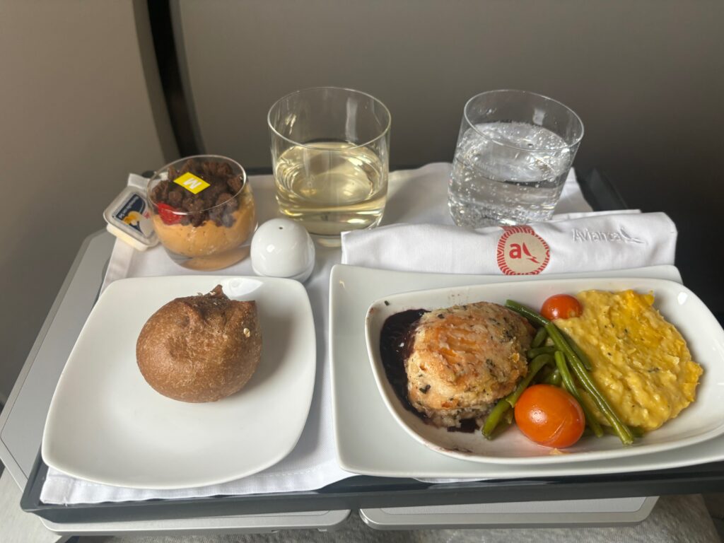 a tray with food and drinks on it