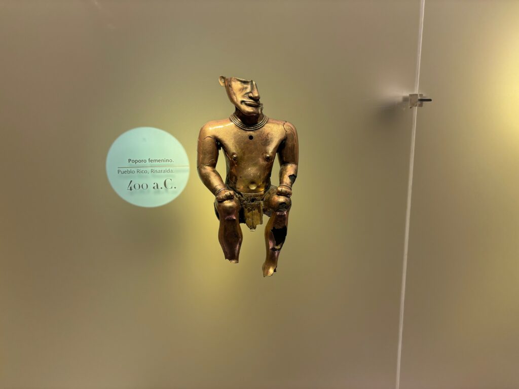 a gold statue in a glass case