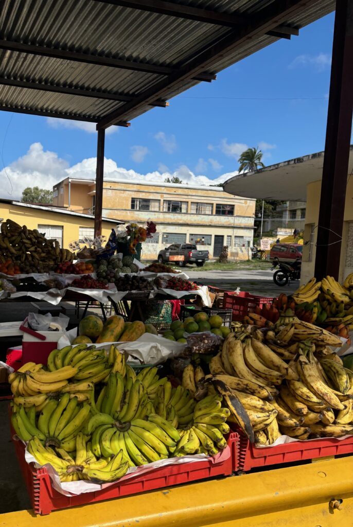 a fruit stand with a roof over it