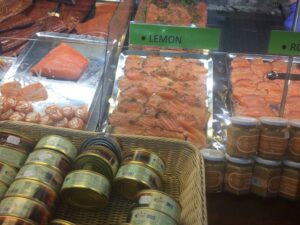 a display case with different types of fish