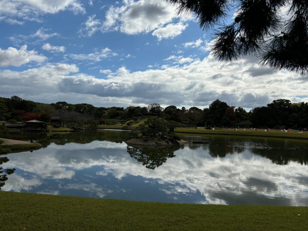 a pond with trees and clouds in the sky