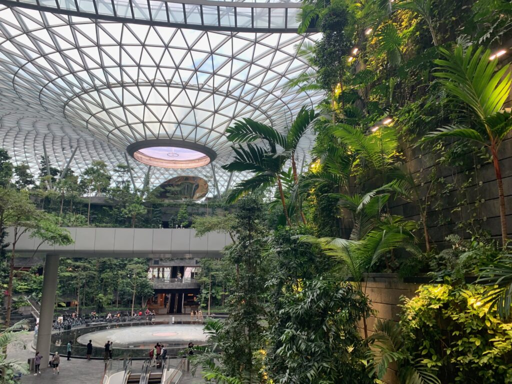 a glass roof with plants and a large pool