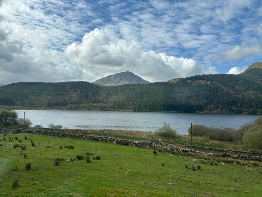 a lake with a grassy field and mountains in the background