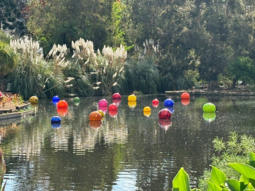 a group of colorful balls floating in a lake