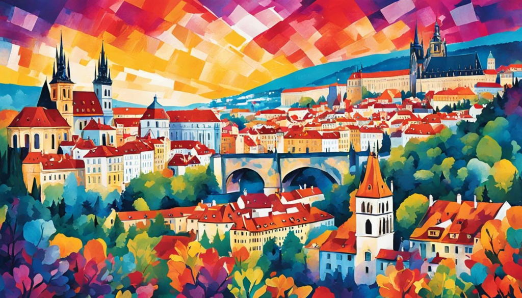 a colorful painting of a city