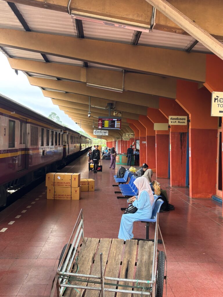 people sitting on benches at a train station