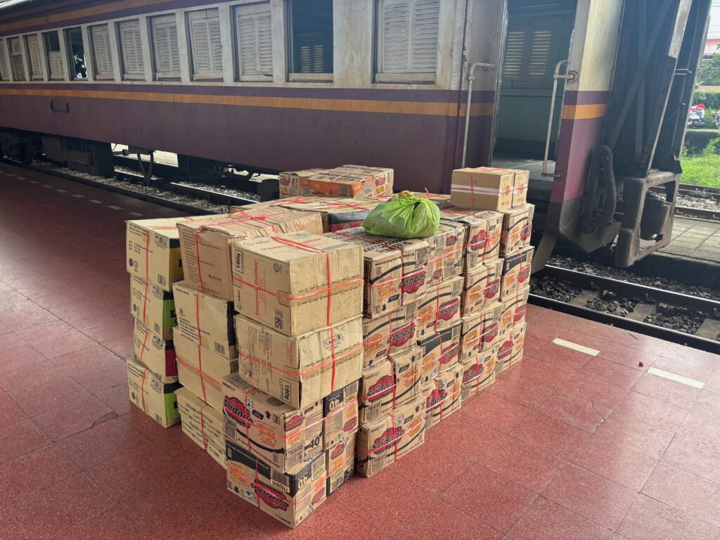 a stack of boxes on a platform