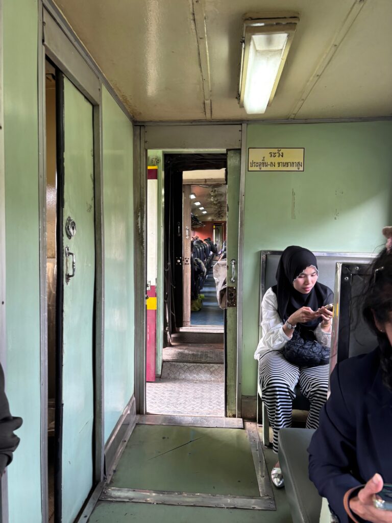 a woman sitting in a chair in a train