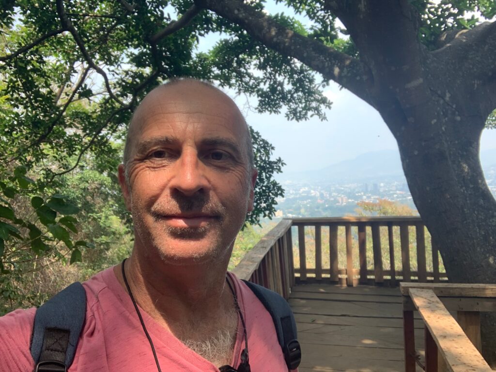 a man standing on a deck under a tree