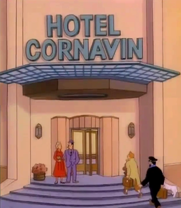 cartoon of people outside of a hotel