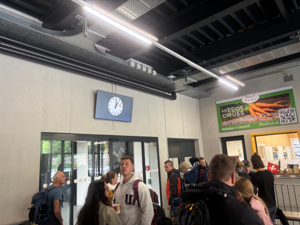 a group of people in a building