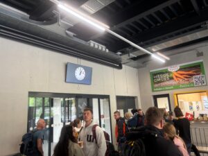a group of people in a building