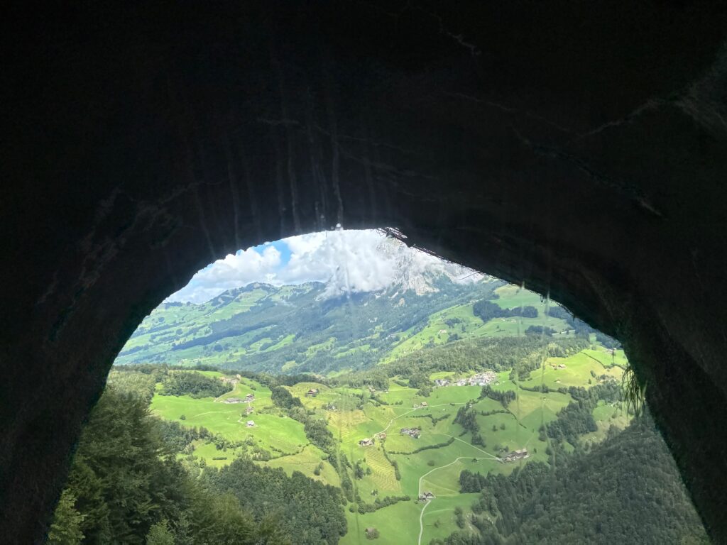 a view from a cave of a valley