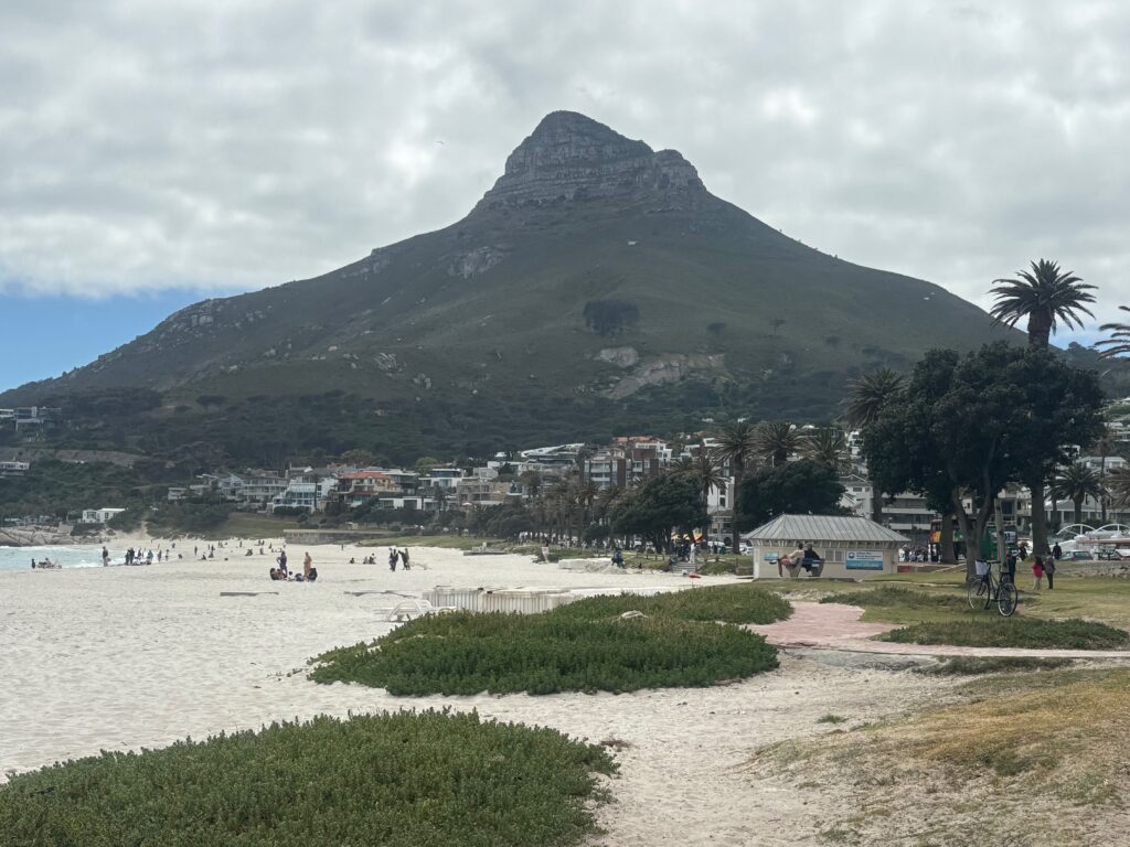 a beach with a mountain in the background