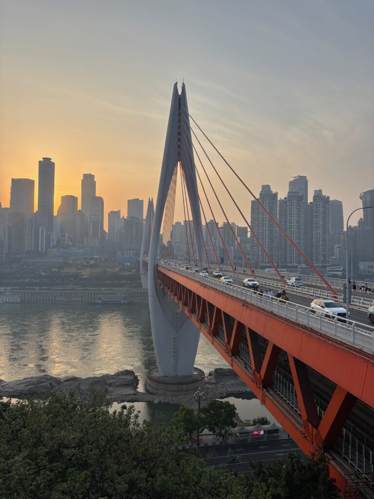 a bridge with cars on it and a city in the background